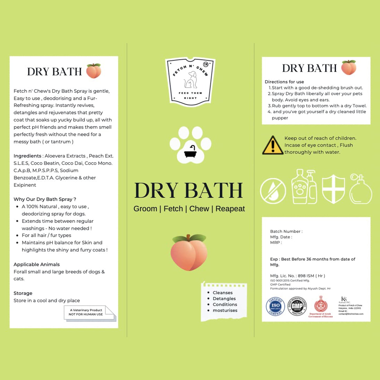 Fetch N Chew - Peach & Aloevera Dry Bath Spray For Dogs