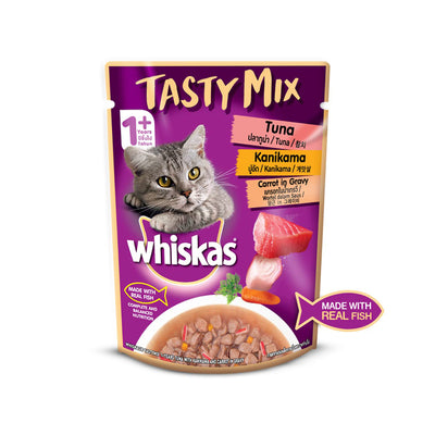 Whiskas - Adult (1+ year) Tasty Mix Wet Cat Food Made With Real Fish, Tuna With Kanikama And Carrot in Gravy Pouch For Cats
