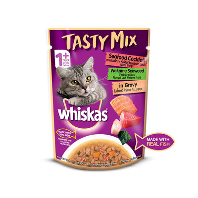 Whiskas - Adult (1+ year) Tasty Mix Wet Cat Food Made With Real Fish | Seafood Cocktail Wakame Seaweed in Gravy Pouch For Cats